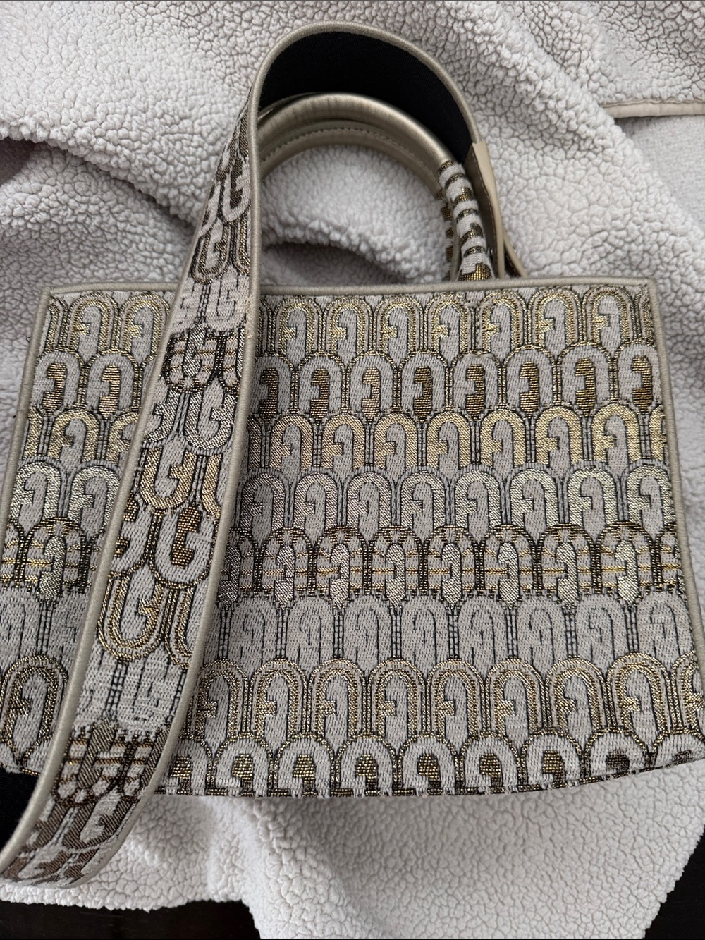 Furla Metallic Beige & Gold Monogram Satchel